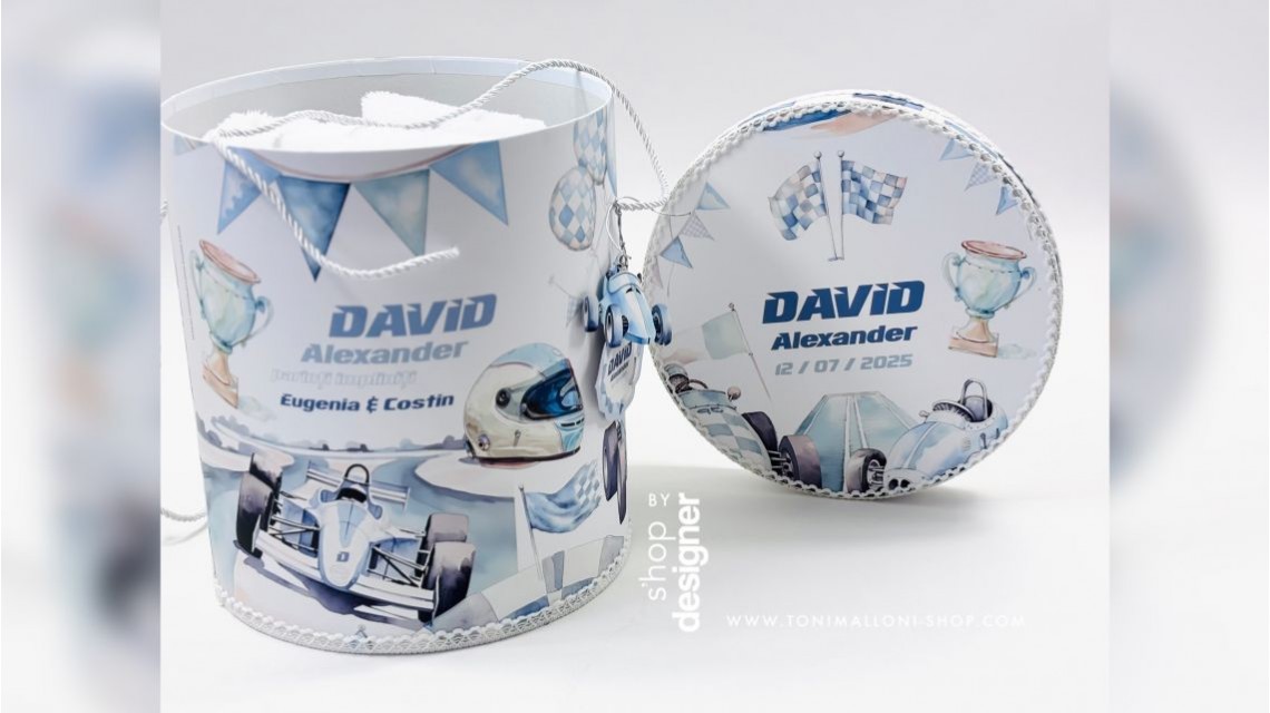 Trusou de botez băiețel – Blue Racing Car | model unicat cu mașinuțe de curse 18